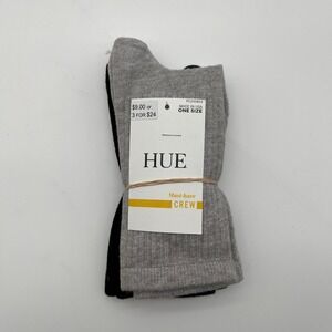 HUE Socks Womens OS Grey Black Must-Have Crew‎ PC200824 Made in USA 2 Pair Pack